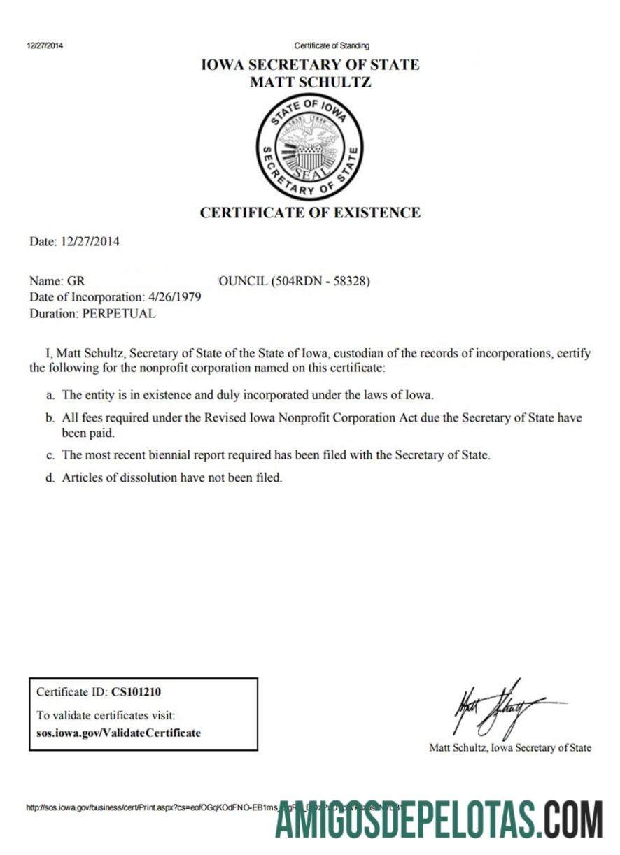 Modelo de certificado de regularidade dos EUA Iowa